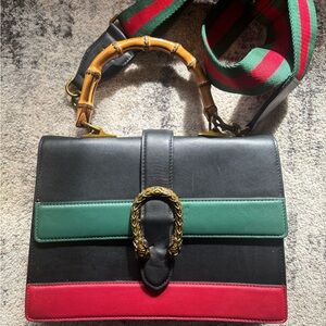 Gucci Dionysus Calfskin Leather Bamboo Top Handle Bag Large Red, Green And Black